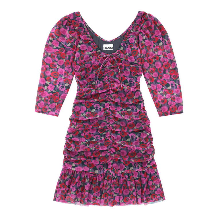 Floral Mesh Flounce Ruched Mini Dress image number null