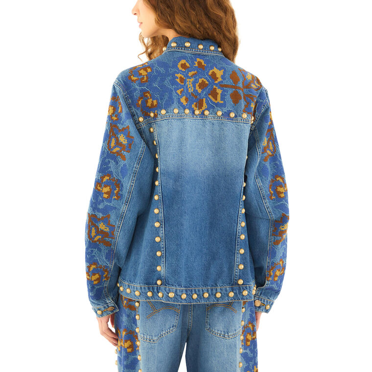 Embroidered Studded Denim Jacket image number null
