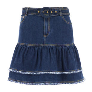 Bicolor Fringe Martina Belted Tiered Denim Mini Skirt