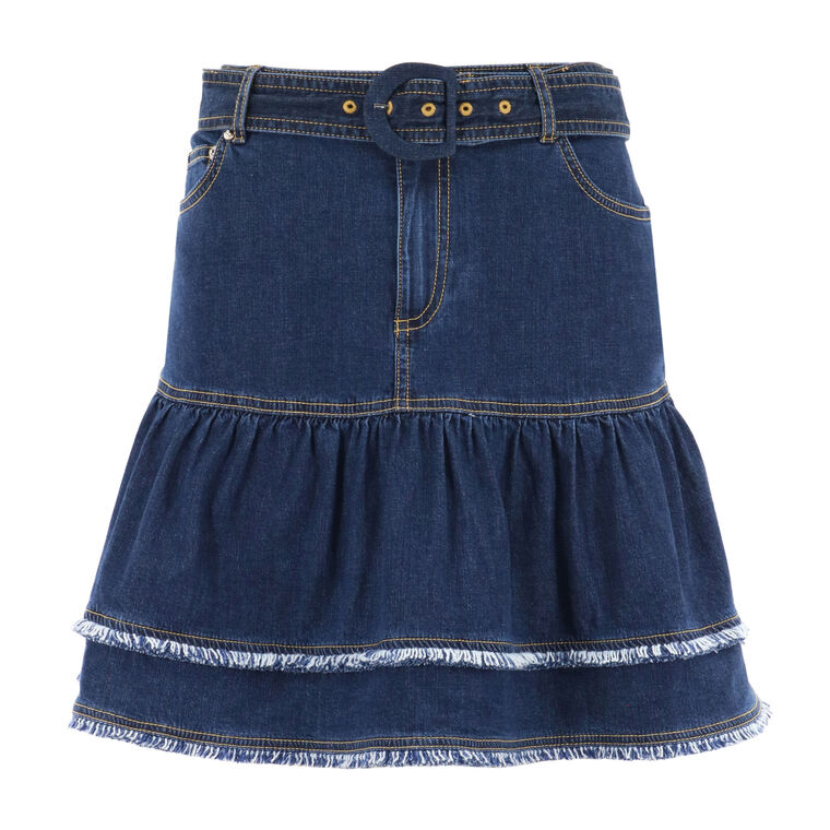 Bicolor Fringe Martina Belted Tiered Denim Mini Skirt image number null