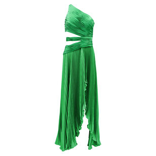 One Shoulder Cut Out Pleated Charmeuse Gown With Slit