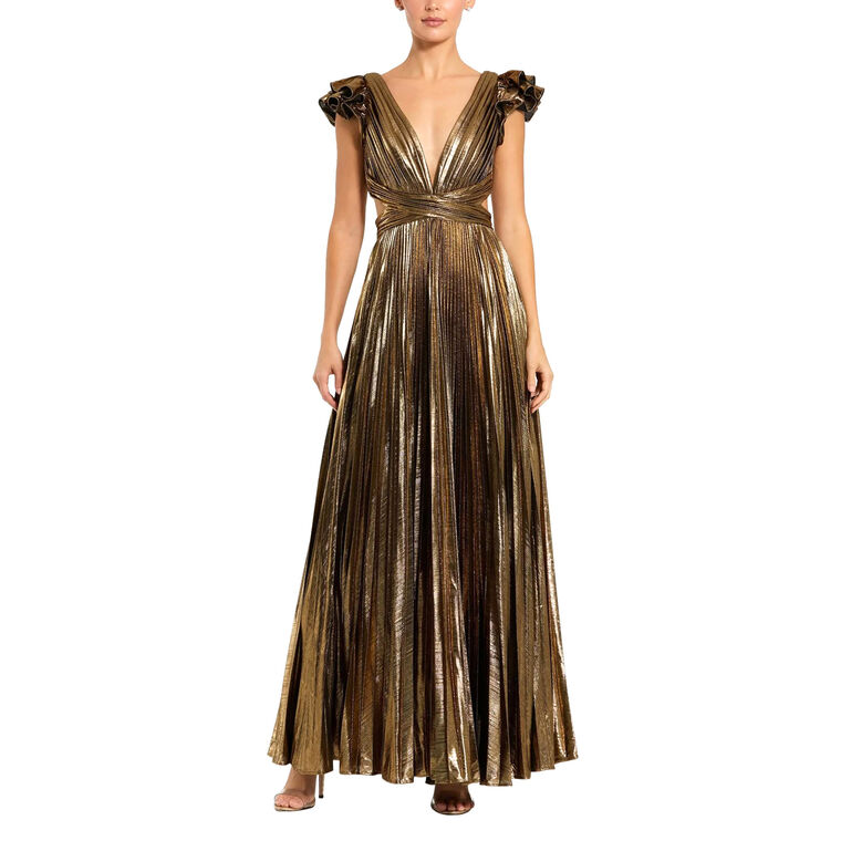 Ruffle Sleeve Cutout Pleated Metallic Gown image number null
