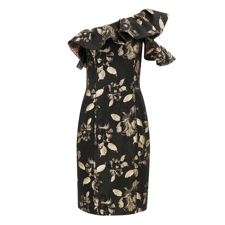 Floral Metallic Jacquard Ruffled One-Shoulder Dress image number null