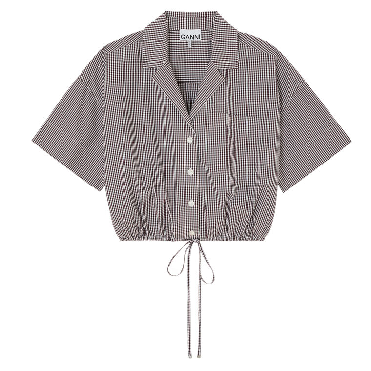 Short Sleeve Check Cotton Cropped Bowling Shirt image number null