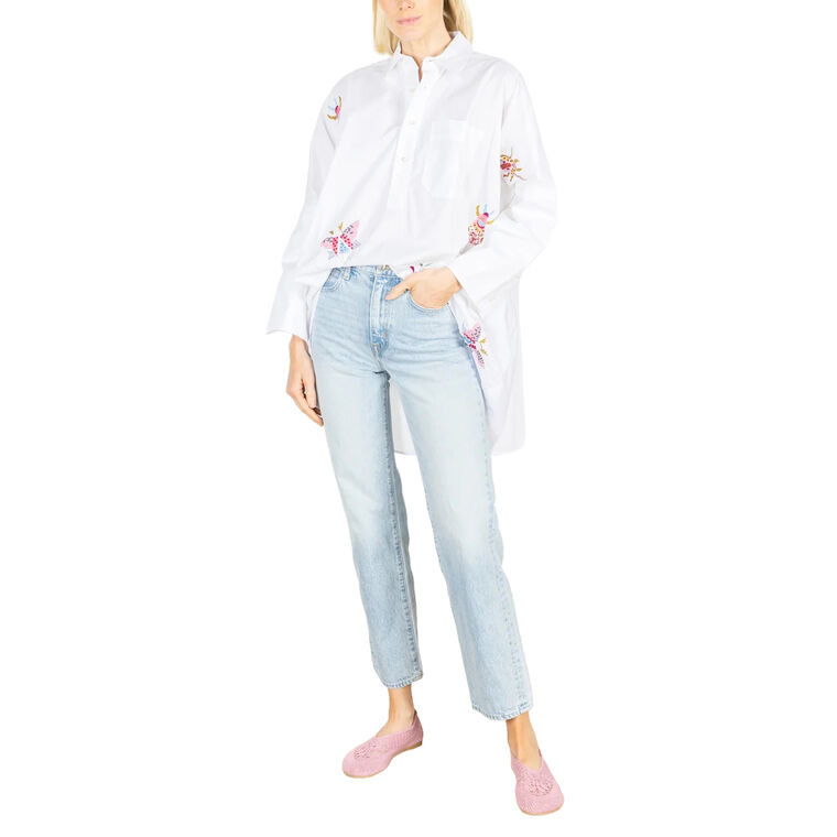 Bug Embroidery Long Sleeve Cotton Boyfriend Shirt image number null