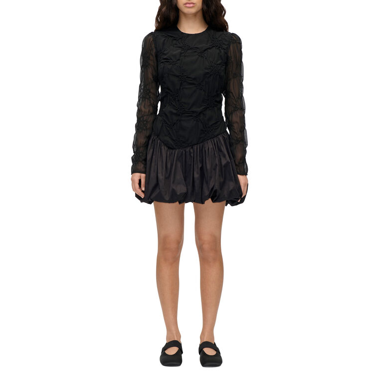 Long Sleeve Smocked Balloon Short Dress image number null