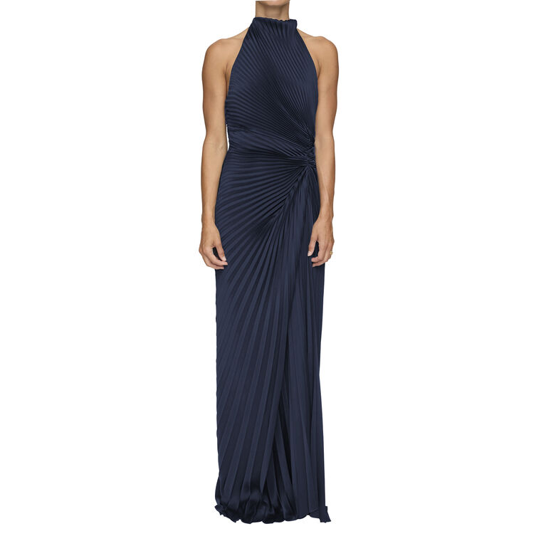 Romy Halterneck Pleated Satin Gown image number null