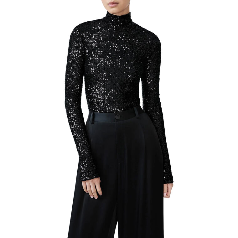 Mini Stretch Sequin Mock Neck Bodysuit image number null