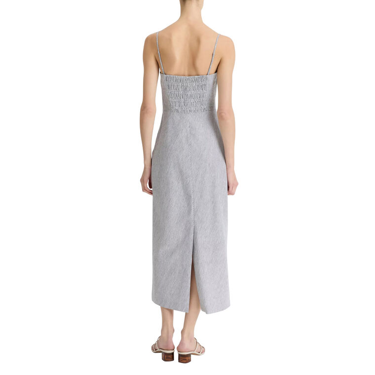 Ticking Stipe Linen-Cotton Draped Strapless Midi Dress image number null