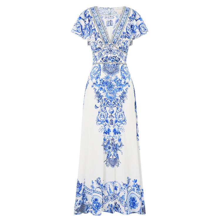 Waisted Midi Dress With Flutter Sleeve image number null