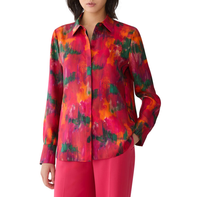 Scottie Long Sleeve Blossom Print Silk Button-Up Blouse image number null