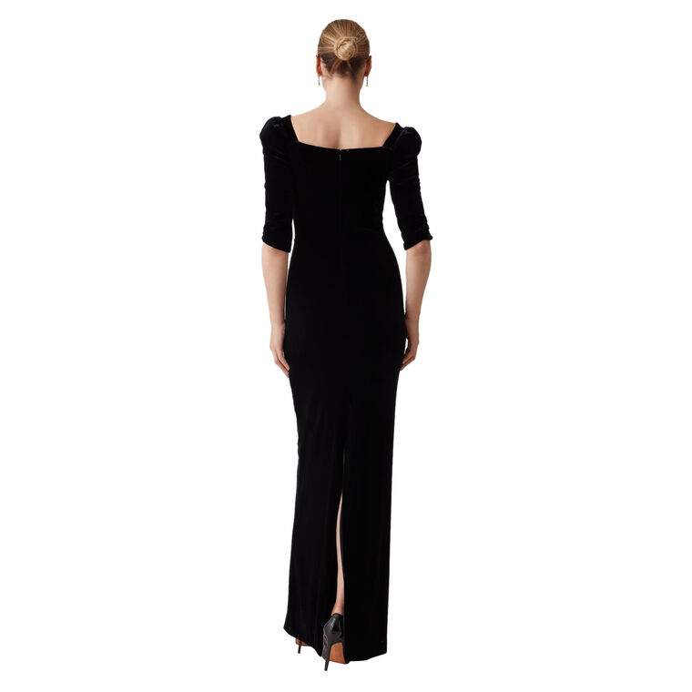 Velvet Elbow Sleeve Floral Applique Gown image number null