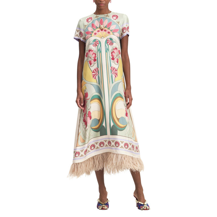 Short Sleeve Midi Swing Dress With Feathers image number null