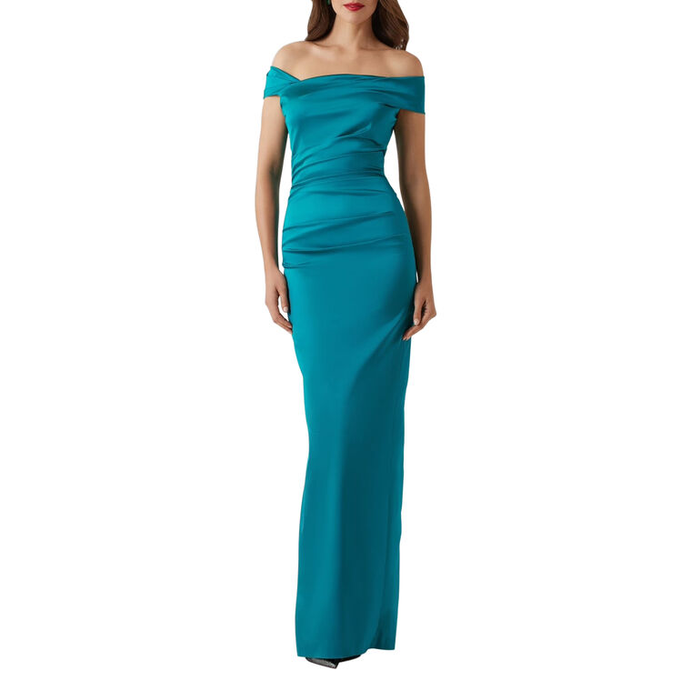 Satin Ruched Asymmetrical Off-The-Shoulder Column Gown image number null
