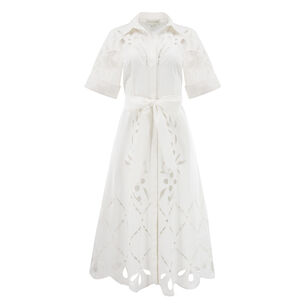 Vincenza Belted Short Sleeve Embroidered Midi Dress