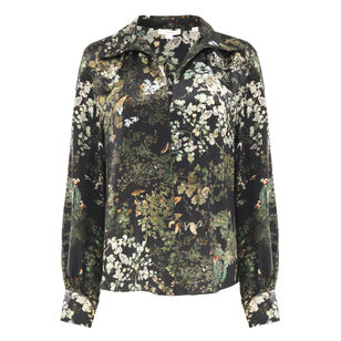 Smocked Grape Vine Silk Long-Sleeve Blouse