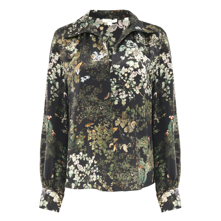 Smocked Grape Vine Silk Long-Sleeve Blouse image number null