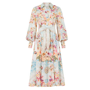 Long Sleeve Waist Tie Midi Shirt Dress