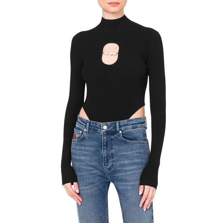 Long Sleeve Pearls Cutout Bodysuit image number null