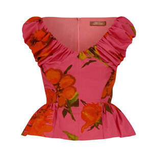 Floral-Print Shirred V-Neck Cotton Peplum Top