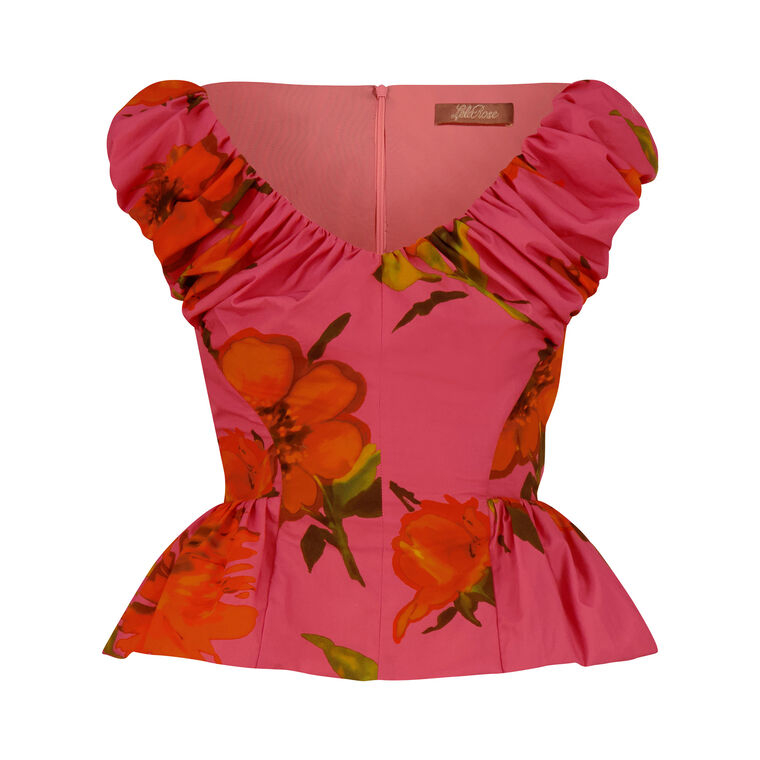 Floral-Print Shirred V-Neck Cotton Peplum Top image number null