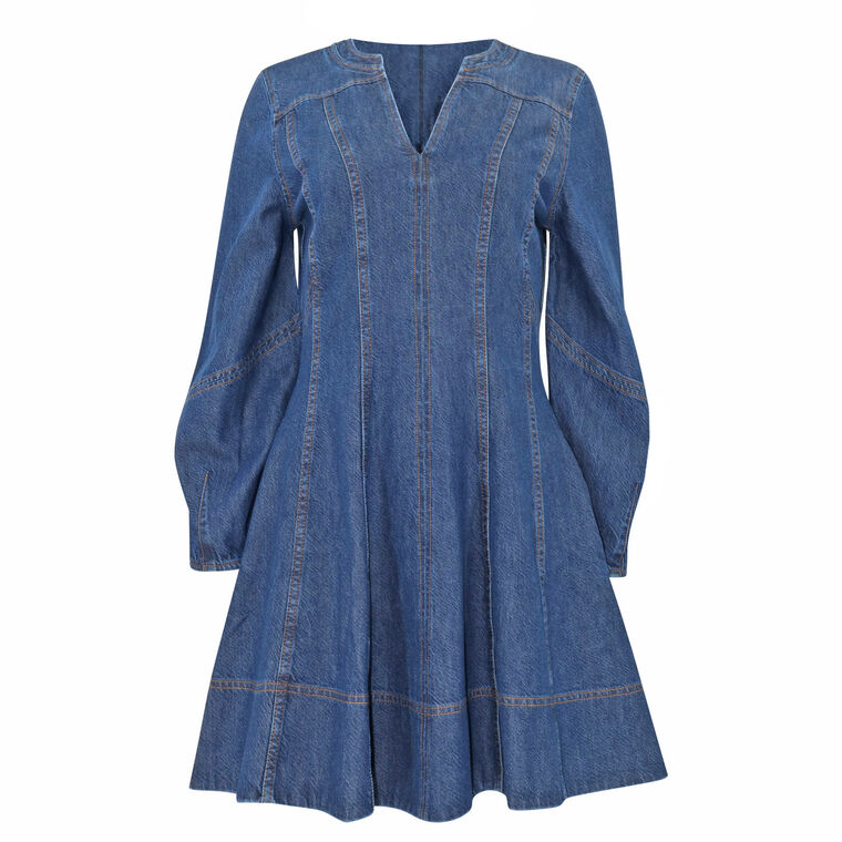 Tanya Taylor Vray Puff-Sleeve Denim V-Neck Mini Dress | Tootsies