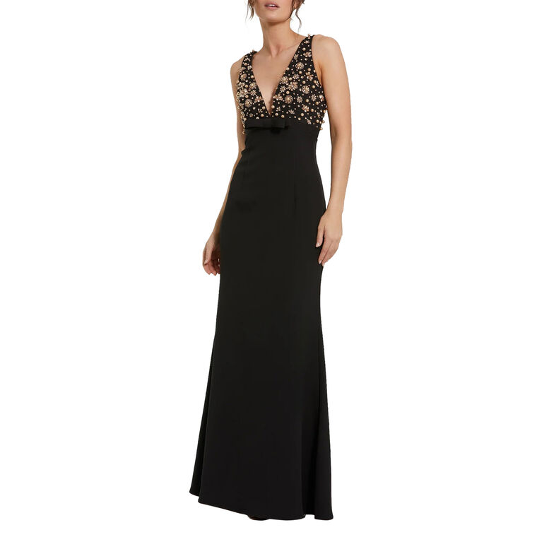Crepe Sleeveless Beaded V-Neck Gown With Bow image number null