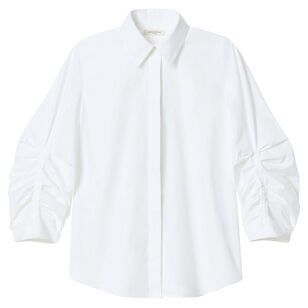 Organic Cotton Poplin Ruched Sleeve Button Front Shirt