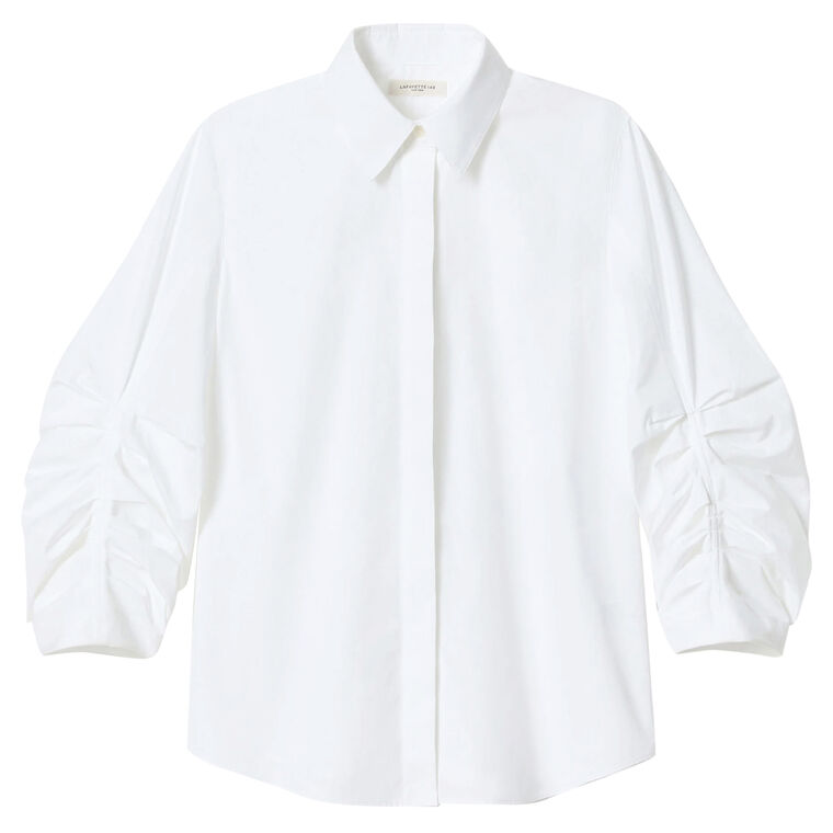 Organic Cotton Poplin Ruched Sleeve Button Front Shirt image number null
