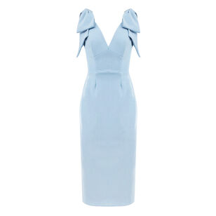 Sleeveless Bow Strap Crepe Fitted V-Neck Midi Dress