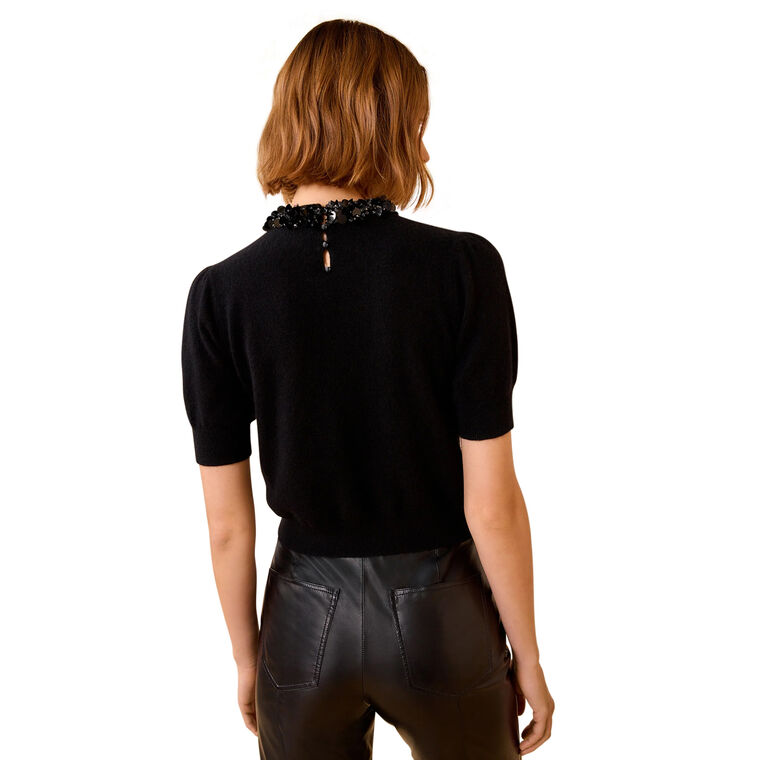 Liv Embroidered Cashmere Short Sleeve Knit Sweater image number null