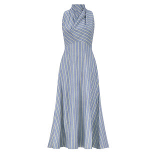 Striped Heathered Cotton Draped Halter Midi Dress