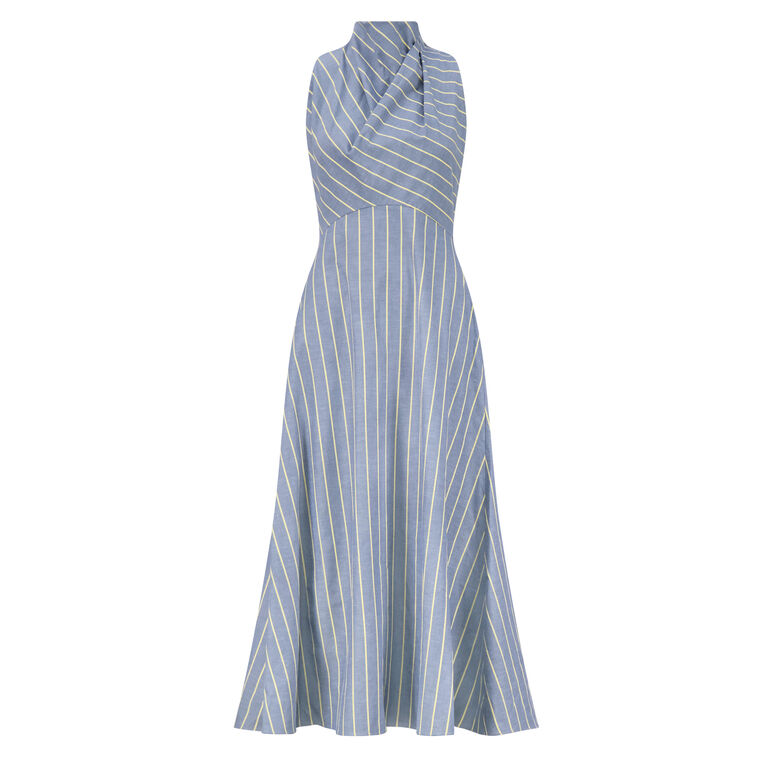 Striped Heathered Cotton Draped Halter Midi Dress image number null