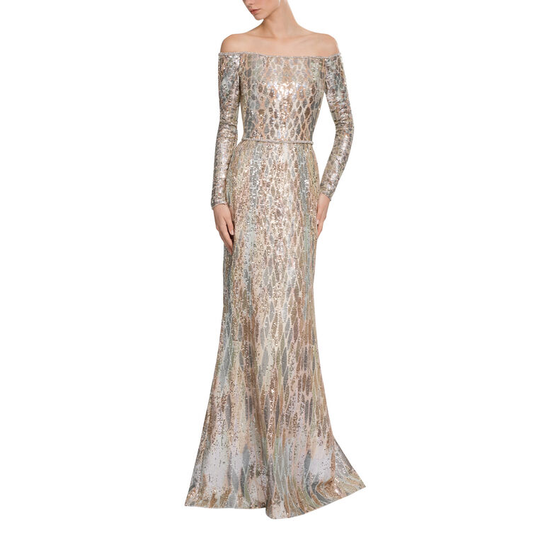 Sequin Embroidered Off-The-Shoulder Gown image number null