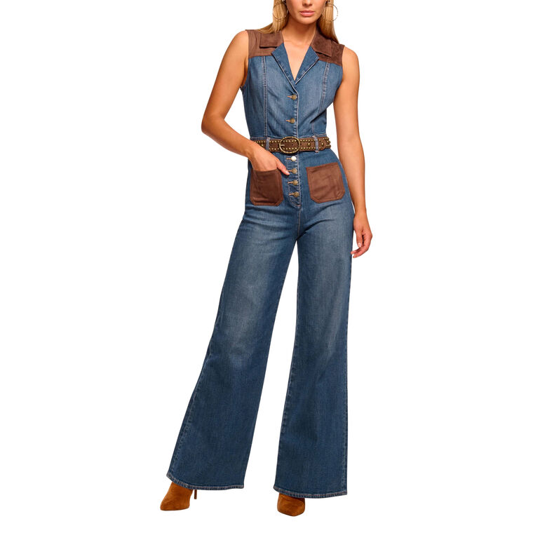 Claudette Faux Suede Trim Denim Jumpsuit image number null