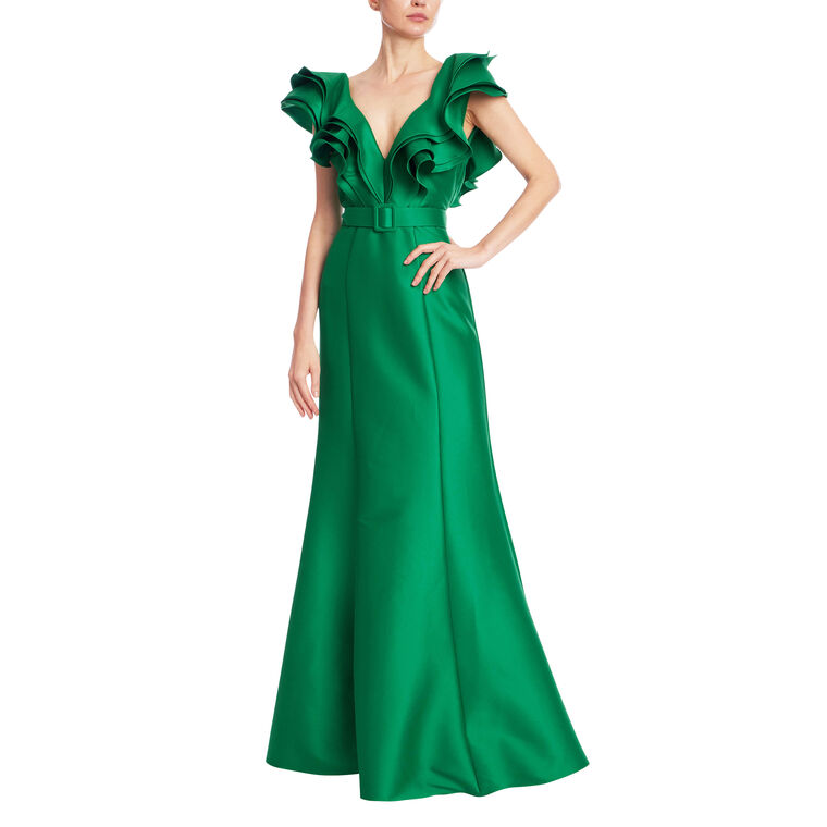 Ruffled Neckline Belted Trumpet Gown image number null