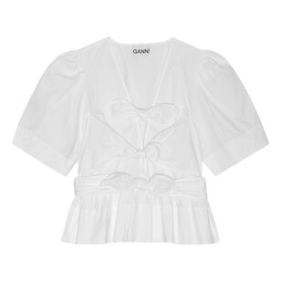 Stretch Cotton Short Sleeve Tie Strap Blouse