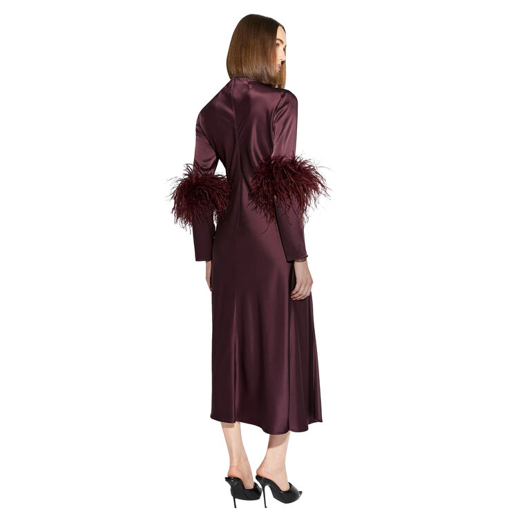 Satin Draped Neck Bias Dress With Feathers image number null
