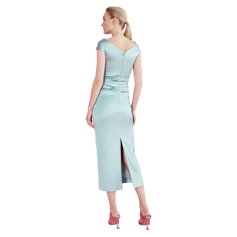 Short Sleeve Stretch Satin Duchesse Midi Dress image number null