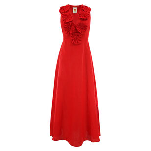 Floral Applique Linen Midi Dress