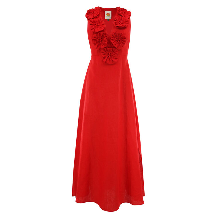 Floral Applique Linen Midi Dress image number null