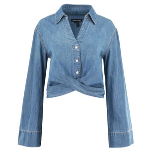Timothy Long Sleeve Cropped Twist Button-Up Denim Shirt