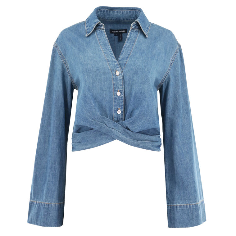 Timothy Long Sleeve Cropped Twist Button-Up Denim Shirt image number null