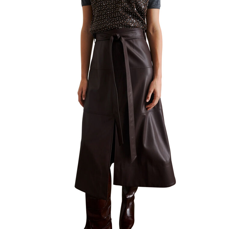 Hudley Vegan Leather Belted Midi Skirt image number null