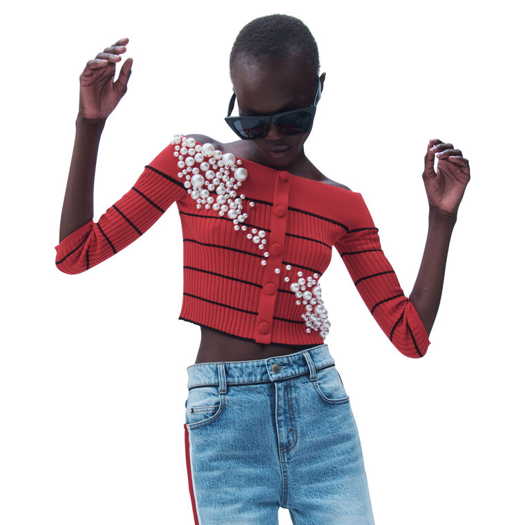 Rami Pearl Detail Striped Knit Sweater image number null