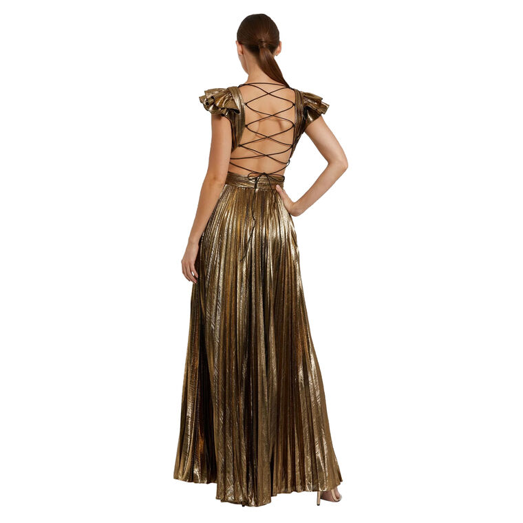 Ruffle Sleeve Cutout Pleated Metallic Gown image number null