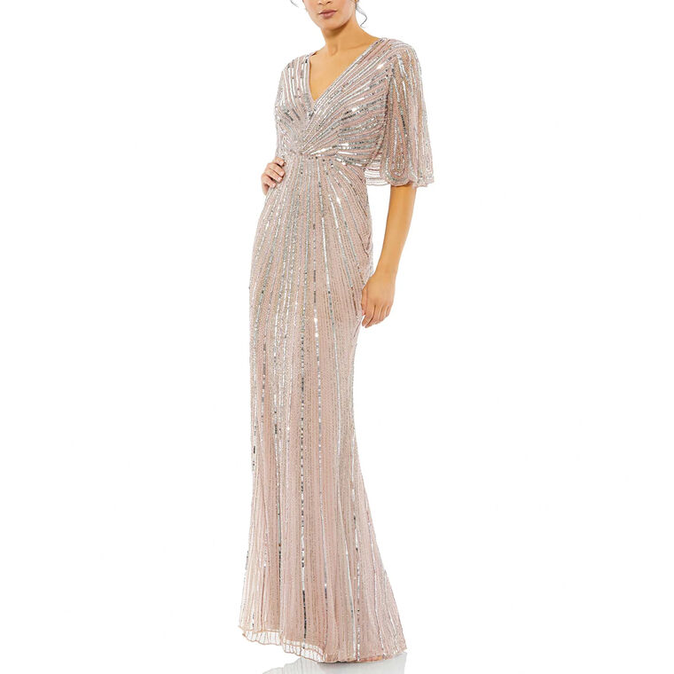 Sequined V-Neck Cape Sleeve Column Gown image number null