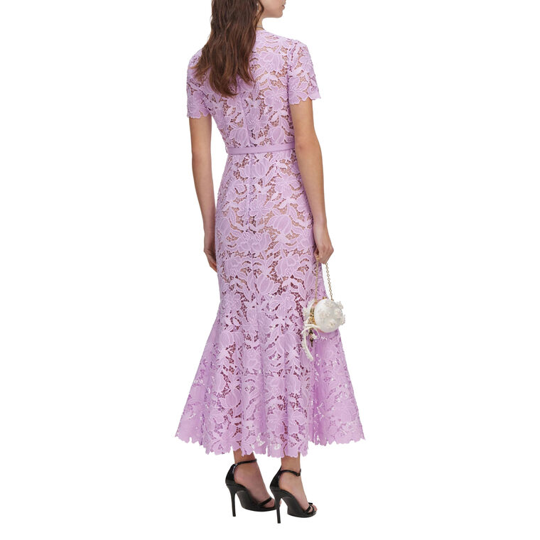 Short Sleeve Belted Lace Midi Dress image number null