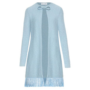 Sequin Tweed Textured Long Sleeve Fringe-Trim Jacket