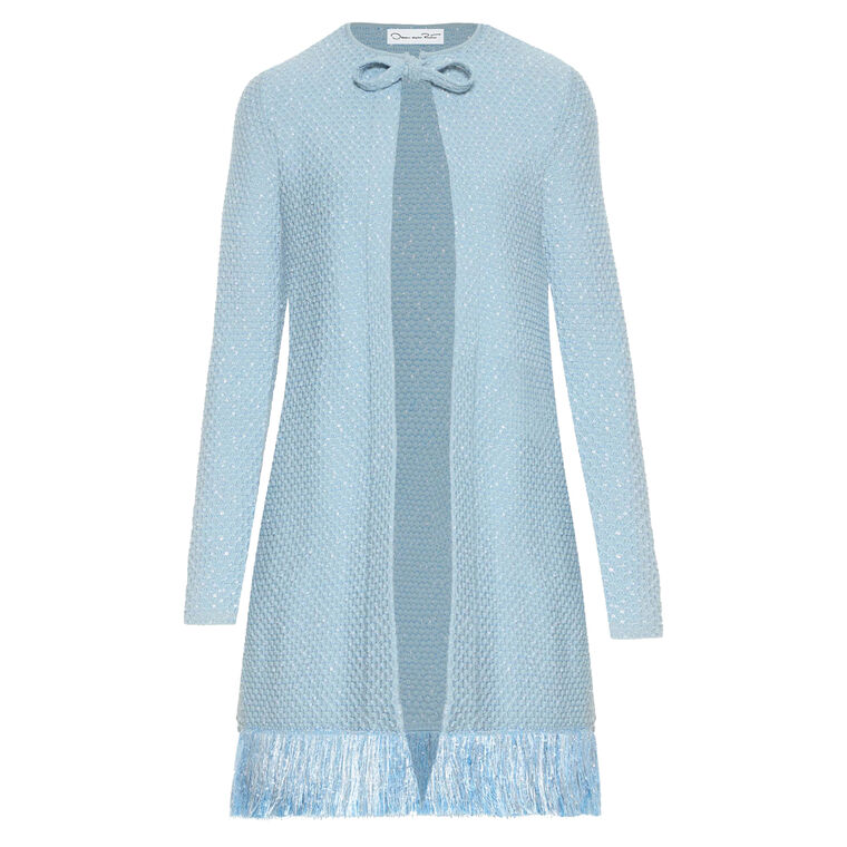 Sequin Tweed Textured Long Sleeve Fringe-Trim Jacket image number null